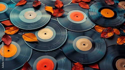 A collection of vinyl records arranged in a visually appealing pattern, showcasing the variety and colors available. photo