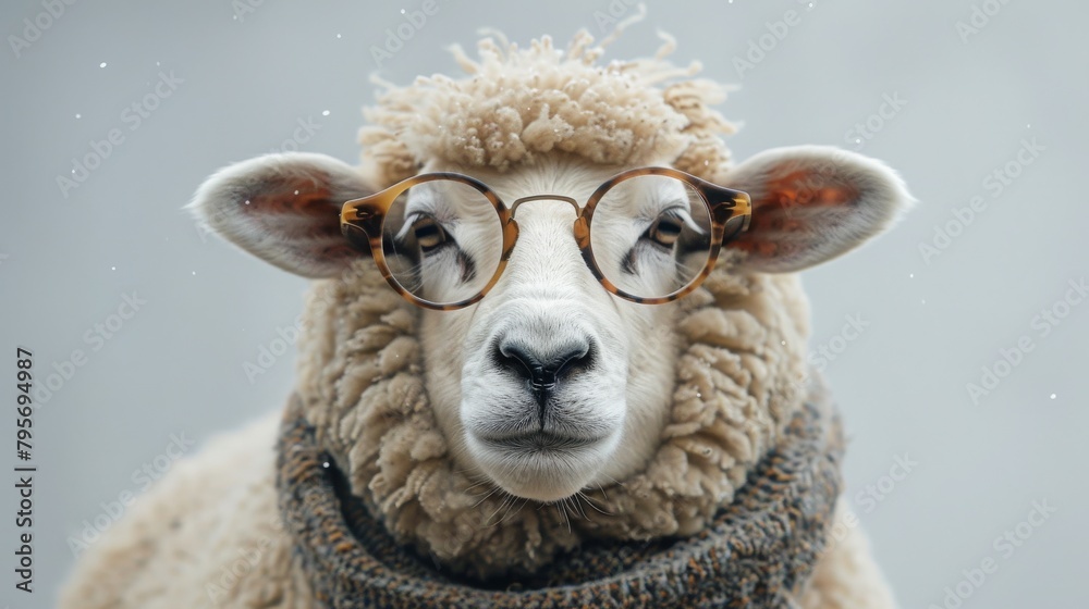 A photo of a sheep used in Eid al-Adha while the sheep is wearing smokey glasses.