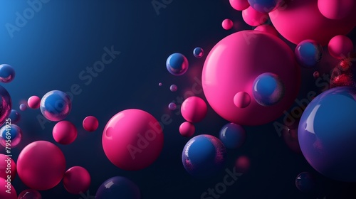 Abstract digital art with shiny spheres in pink to blue gradient. Vibrant particles