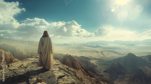 A powerful image of Jesus standing alone on a mountainside, his face uplifted towards the heavens in fervent prayer, with the vast expanse of the sky and rugged landscape surroundi