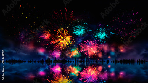 Multi colored bright fireworks in the dark night sky over the city.