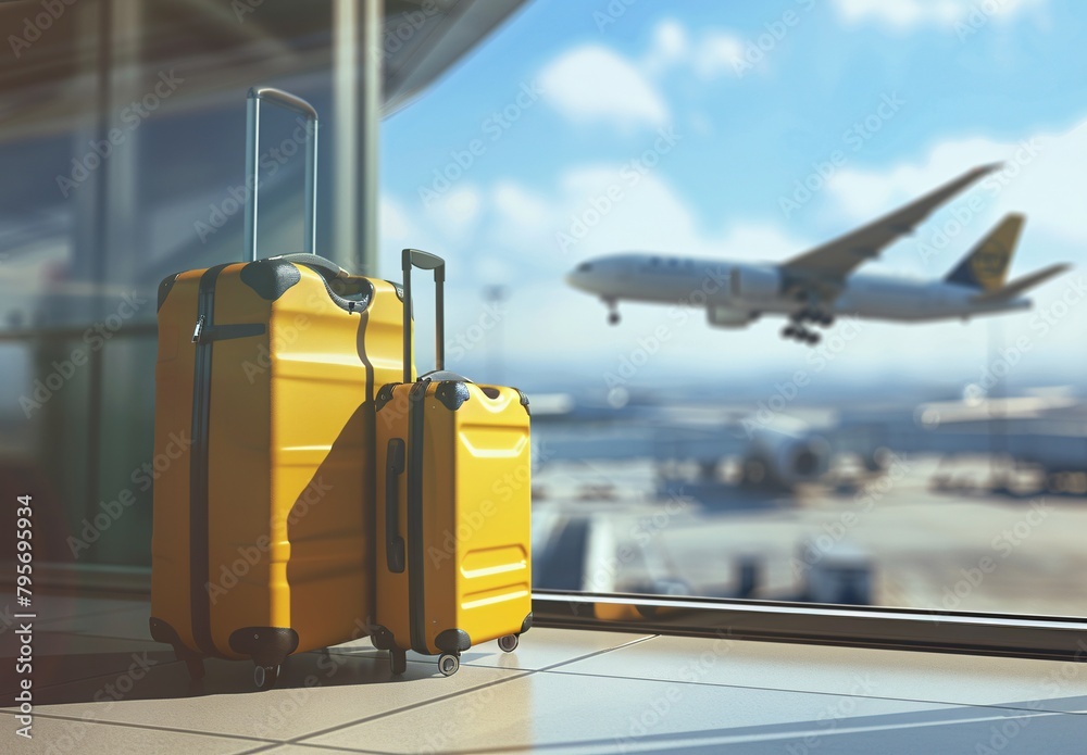 a yellow suitcases in front of an airplane