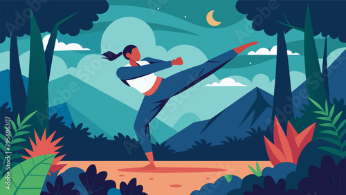 An individual performs a series of powerful kicks and punches in a secluded forest with the caption Unleash your stress through martial arts