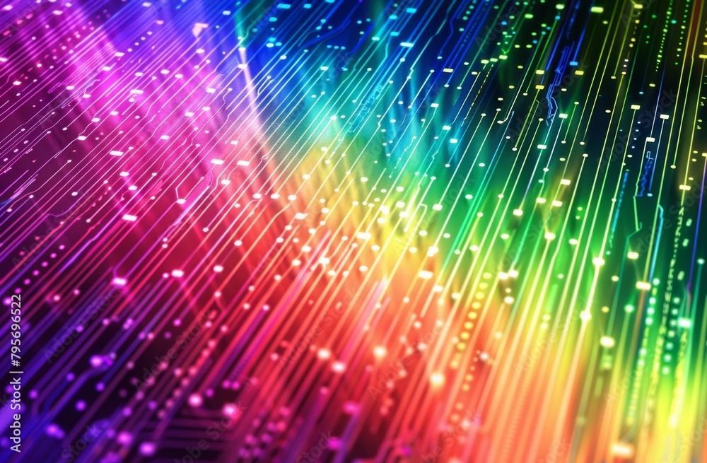 Computer Representing Colors Background with rainbow colors, white lines of binary code and computer ...