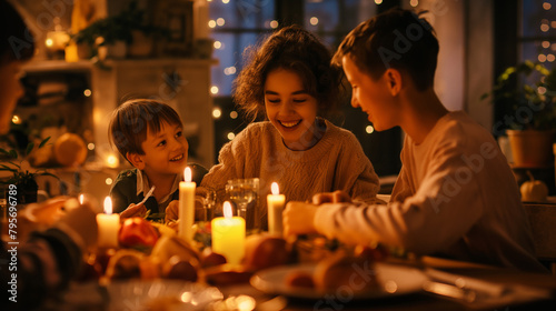 Children surprising their mother with a candlelit dinner at home, showing their appreciation. Happiness, love, care, respect for each other