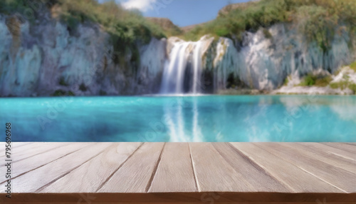 Empty wooden table with landscape with blue sky with waterfall. Rocky valley landscape with lake, to display or mount your products, space for text
 photo