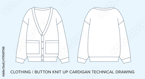 Blank Button Knit Up Cardigan Technical Drawing, Apparel Blueprint for Fashion Designers. Detailed Editable Vector Illustration, Black and White Clothing Schematics, Isolated Background