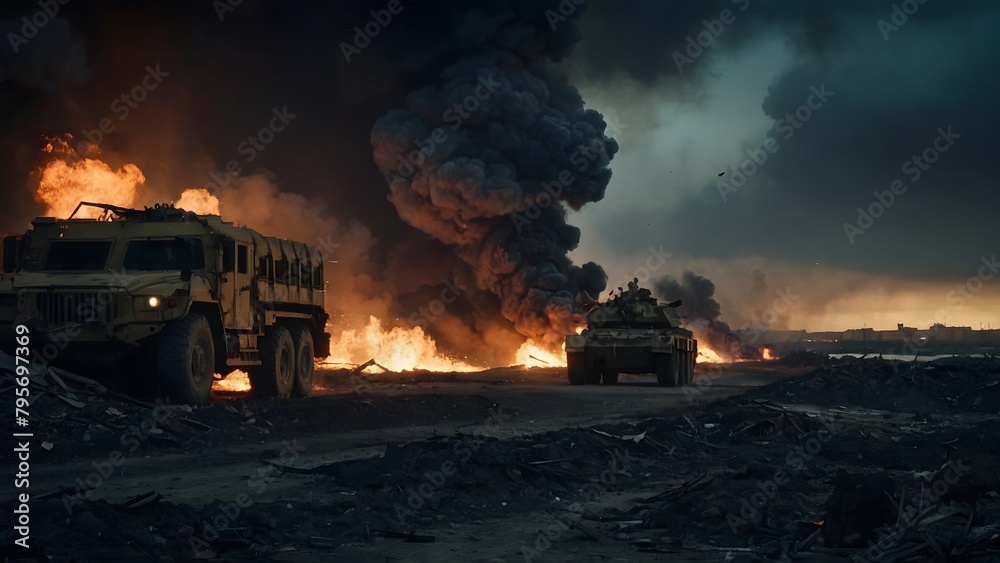 Military vehicles on the road in a war zone, fire burning in the city, 