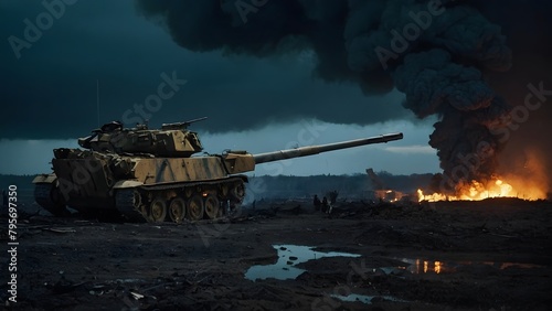 Tanks in a war zone, the dark and moody atmosphere of the impending war, fire burning in the city