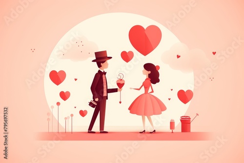 A man and a woman are standing in front of a pink background. The man is wearing a suit and top hat  and the woman is wearing a pink dress. The man is holding a rose. There are hearts floating around 