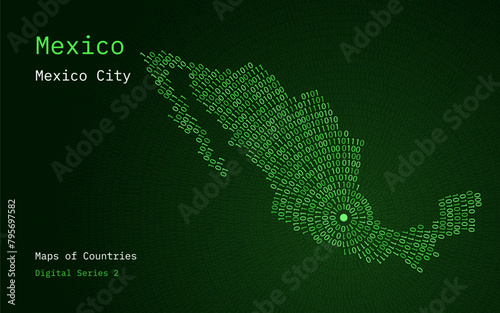 A map of Mexico depicted in zeros and ones in the form of a circle. The capital, Mexico City, is shown in the center of the circle