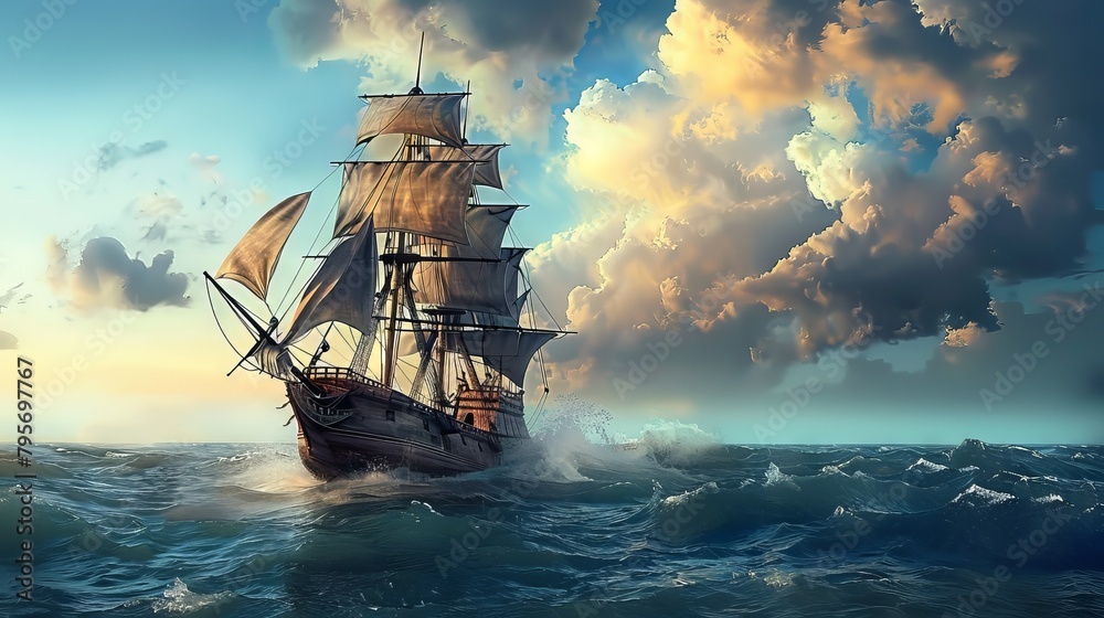 A majestic sailing ship on the ocean, under a cloudy sky at sunset. The sails are fully spread, and the ship appears to be in full motion.