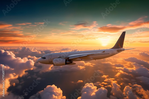 Airplane is flying above the sunset or sunrise clouds, travel trip vacation