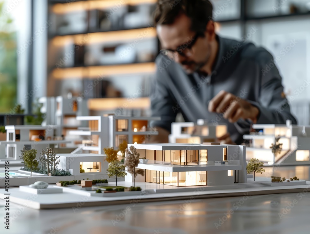 A businessman marveling at a 3D render model of various residential properties, including houses and apartments, displayed on a table in a real estate agency business office A businessman marveling at a 3D render model of various residential properties, including houses and apartments, displayed on a table in a real estate agency business office