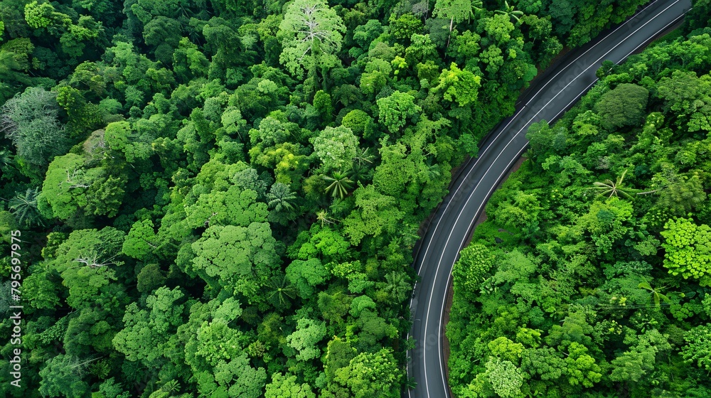 aerial view of beautiful winding highway road through dense green forest. ai generative