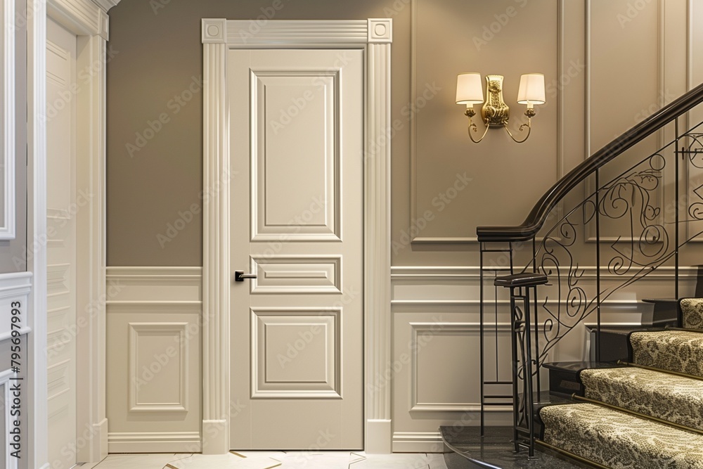 Minimalist interior door design with a flush surface and hidden hinges, painted in a soft, matte white to blend seamlessly with the wall. Minimalist interior door design with a flush surface and hidden hinges, painted in a soft, matte white to blend seamlessly with the wall.