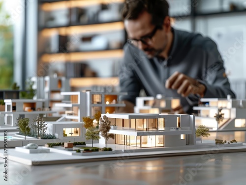 A businessman marveling at a 3D render model of various residential properties, including houses and apartments, displayed on a table in a real estate agency business office