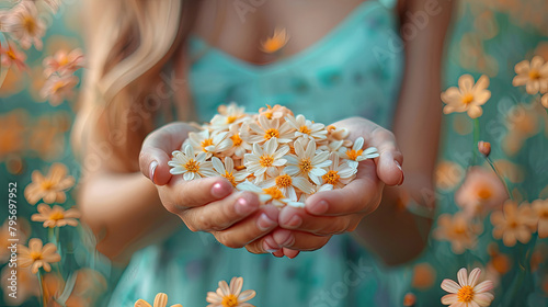 A young girl giving wild flowers. Generosity concept, generative ai