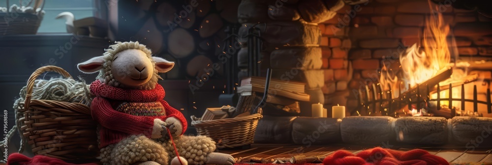 A cozy scene where a fluffy sheep dons a bright red sweater, knitting beside a crackling fireplace, a basket of wool at its side