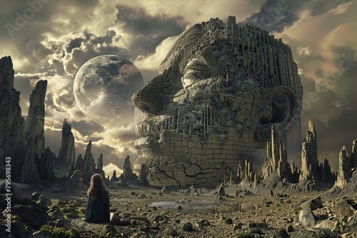 Surreal landscape with a giant head-shaped structure crumbling into ruins under a moonlit sky, symbolizing the downfall or collapse of personal empires photo