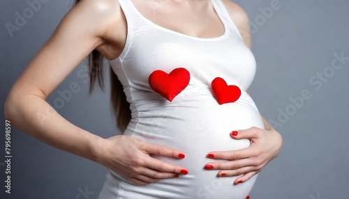 Future young mother holding a red heart near her pregnant belly. The concept of pregnancy, motherhood, preparation and expectation created with generative ai