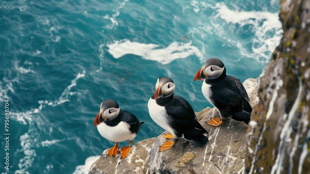 Fototapeta premium Atlantic Puffin, (Fratercula arctica), Three puffins sitting on the edge of an ocean cliff stood on cliff top Hebidish Coast