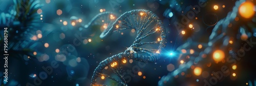 A macro view captures glowing neon particles attaching to a DNA strand, a visualization of gene therapy where light signifies the modification points