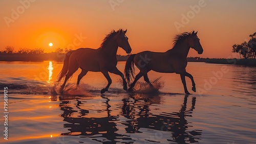 Two graceful horses gallop along the sunset beach with power and beauty. Concept Nature  Animals  Sunset  Beach  Beauty