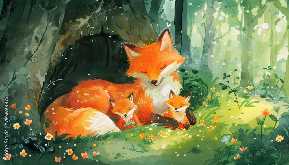 Fototapeta premium A mother fox and her cubs snuggle in a den, their bright orange fur a warm contrast to the cool forest background, kawaii, bright water color