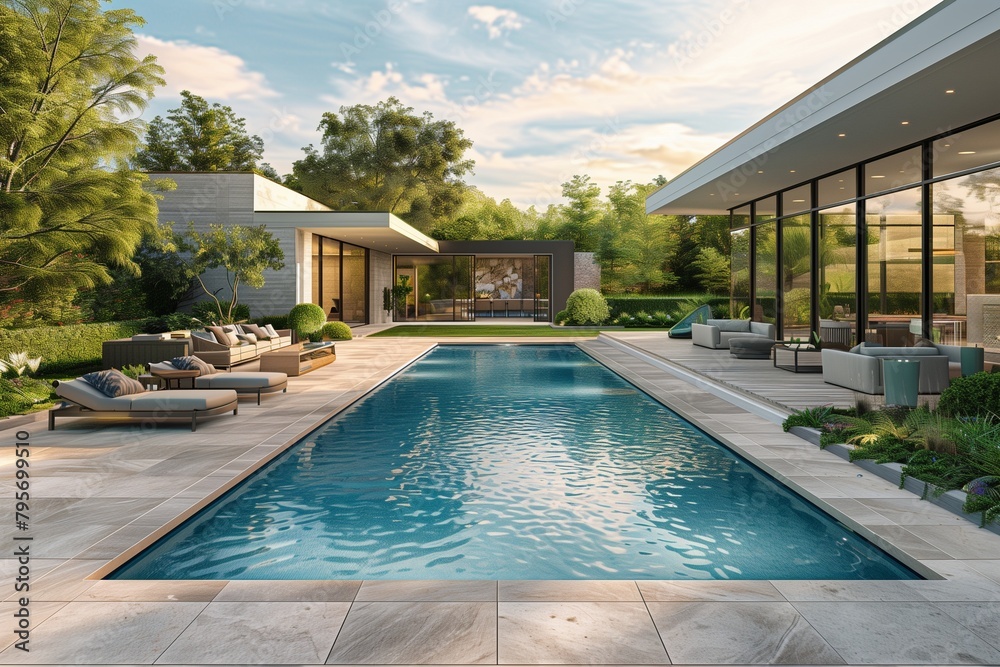 Modern backyard design with a sleek, rectangular swimming pool as the centerpiece, bordered by minimalist decking and geometric garden beds.