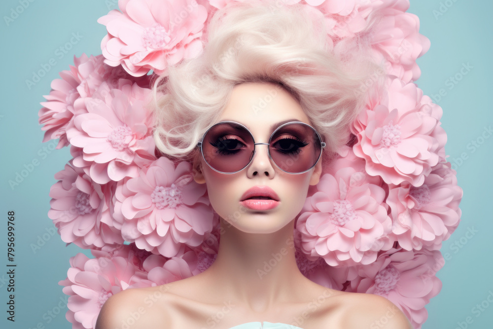 Portrait of a beautiful woman in sunglasses with pink flowers as a background