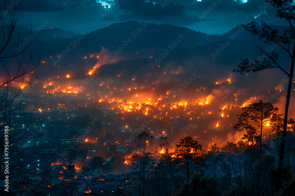 Orange Forest Fire Rages in the Mountains at Nig,
sunset over the mountains