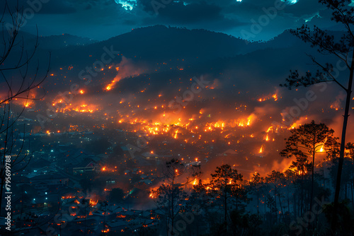 Orange Forest Fire Rages in the Mountains at Nig, sunset over the mountains