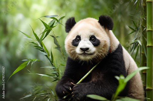 A big size panda in a forest.