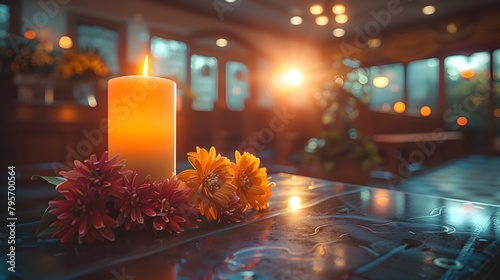 Serene Memorial Service in a Vintage Funeral Home with Flickering Candle and Quiet Contemplation photo