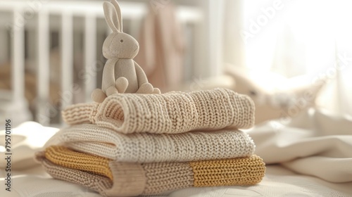 Cozy Knitted Baby Clothes and Plush Bunny on Bed