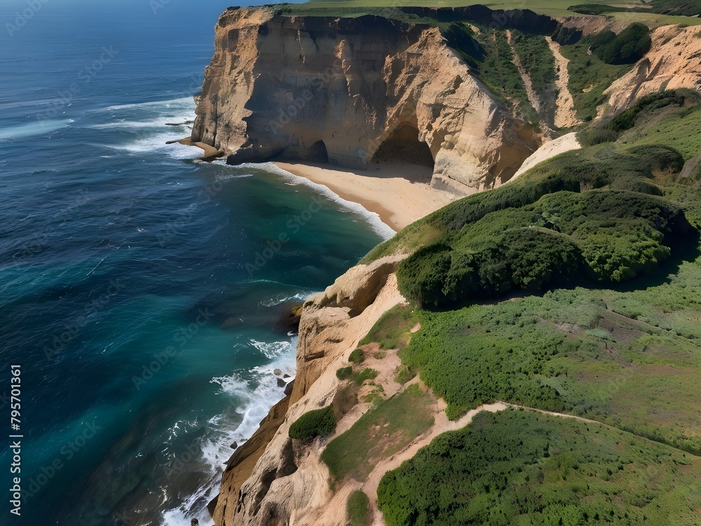 Fototapeta premium An aerial view of a serene ocean bordered by dramatic chalk cliffs, with waves gently crashing on to a rocky shoreline. Photo of the ocean landscape.
