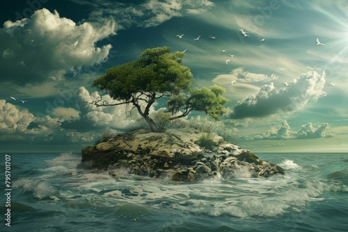 Lone tree on a small island surrounded by turbulent sea, with flying birds and cloudy skies, symbolizing resilience in adversity photo