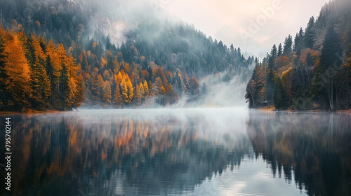 Fog rises over water with background trees