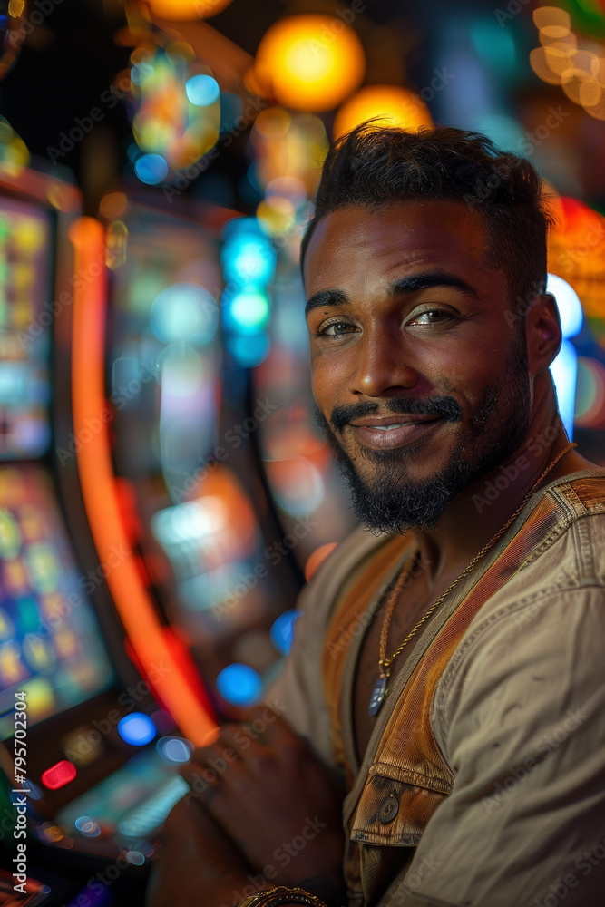 Young man triumphs at casino slot, exuding toothy joy in the vibrant nighttime arcade Young man triumphs at casino slot, exuding toothy joy in the vibrant nighttime arcade