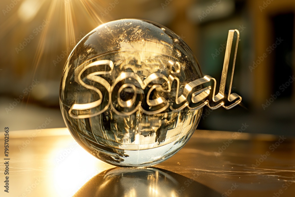 Social sculpted in elegant 3D typography, encased within a crystal-clear globe, refracting sunlight.
