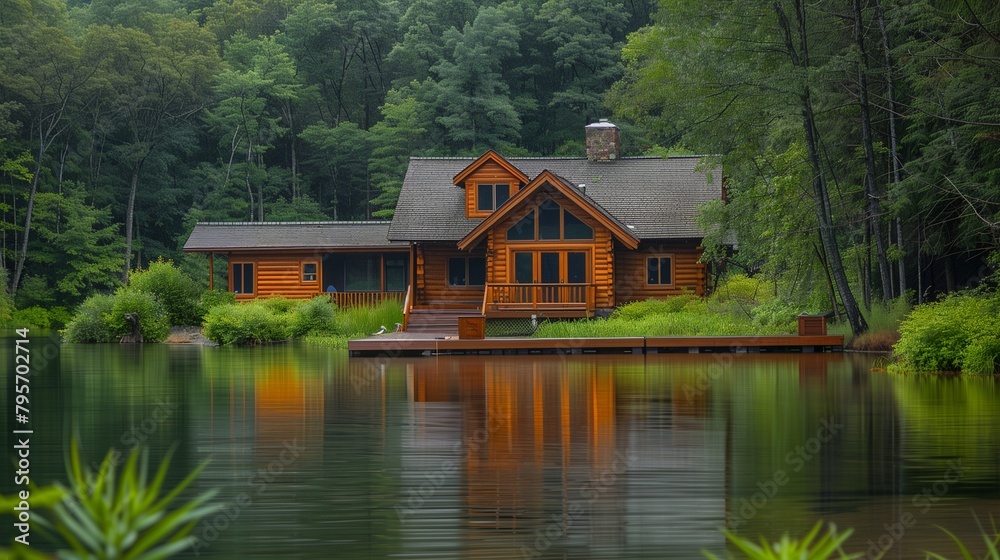 Obraz premium Rustic Log Cabin by a Serene Lake, Wooden Dock, Surrounded by Dense Forests, Perfect Escape