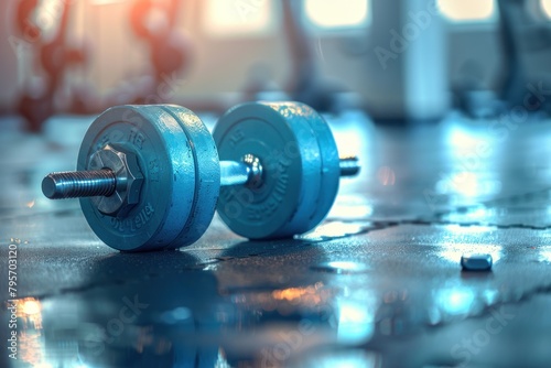 a Dumbbells are on the floor, one of which is wet. The other is dry