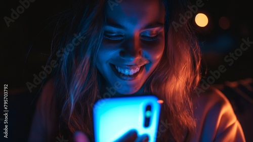 Young woman texting on her cell phone at night - using addictive social media   technology