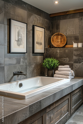 Interior of bathroom with gray walls and white geometric washbasin.