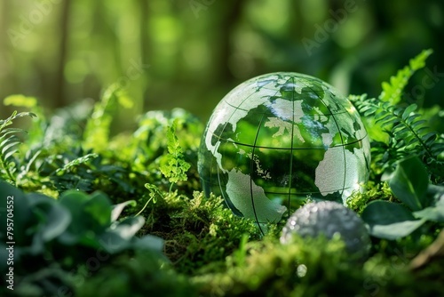 A glass globe surrounded by lush greenery, symbolizing a sustainable and eco-friendly environment.