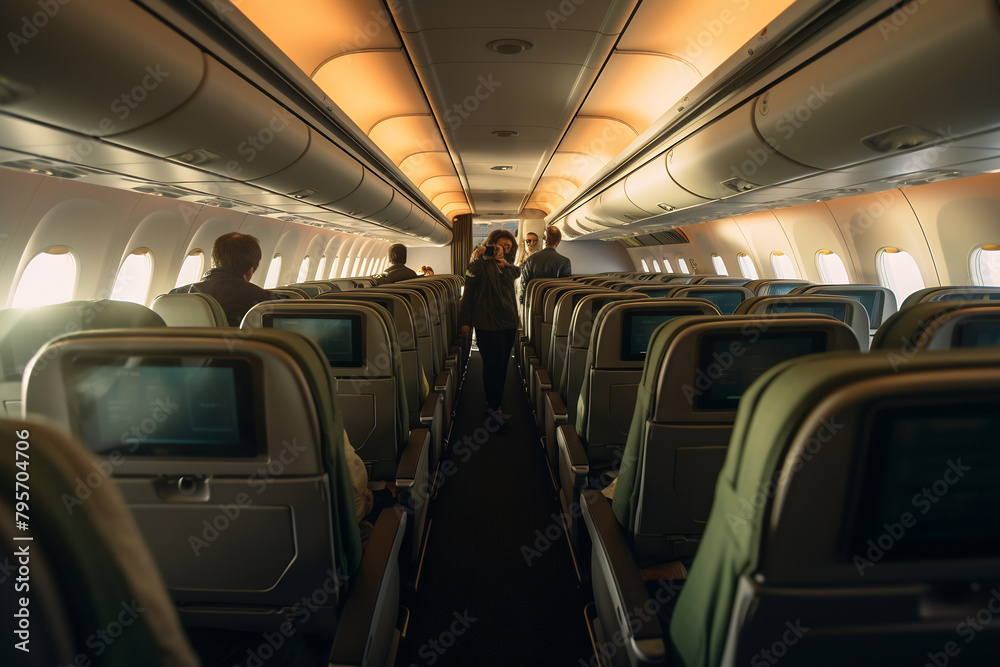 Interior of airplane with passengers on seats waiting to takeoff Interior of airplane with passengers on seats waiting to takeoff