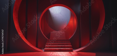 Red circular structures surround a central staircase.