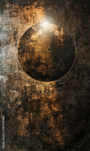 A dark abstract background featuring a glowing circular design with a golden light, creating a moody and mysterious atmosphere with a strong contrast.
