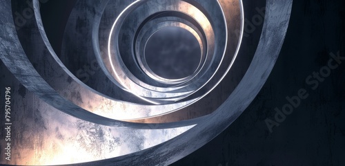 Blue light forms a spiralling tunnel in a futuristic corridor. photo